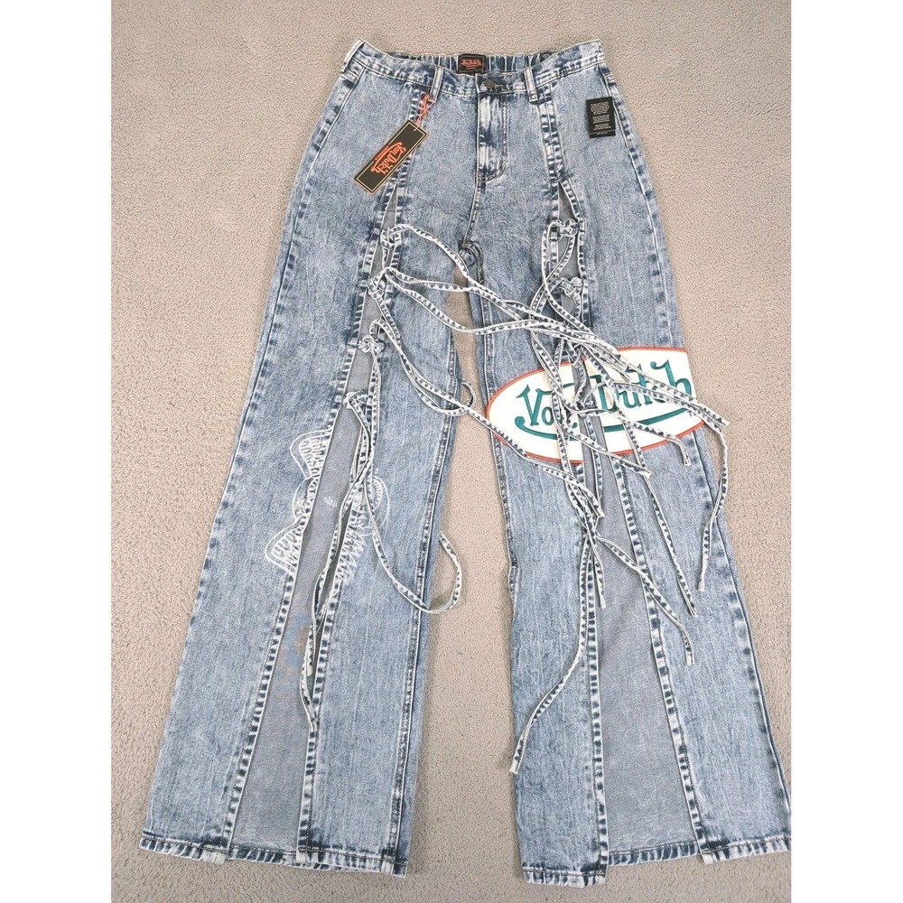 Von‎ Dutch Tie Front Wide Leg Jeans Womens 9 Light Wash Patch Lace Up Denim New